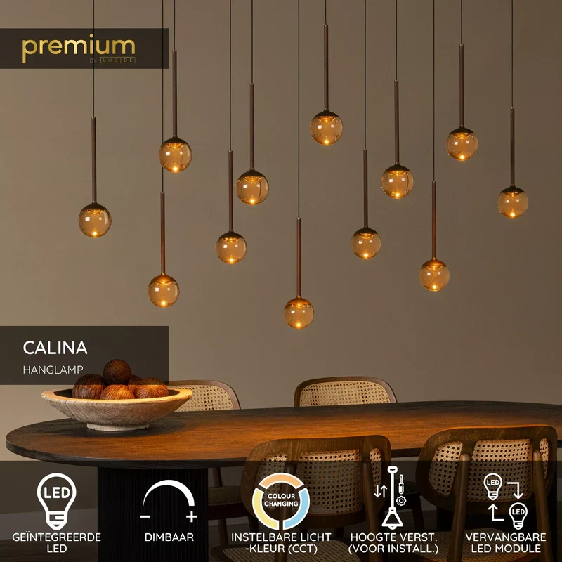 Lucide CALINA Premium Ovale 12-Lichts Hanglamp – LED – Dimbaar – Koffiekleur - Afbeelding 3