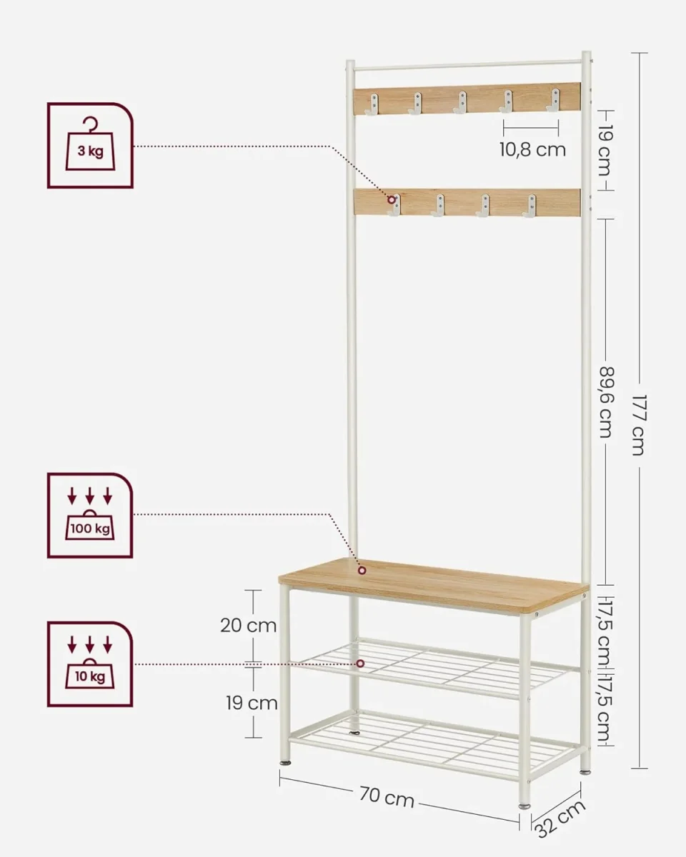Kapstok met Bank – 3-in-1 Garderoberek – Jassen, Schoenen & Zitbank – 70 x 32 x 175 cm - Afbeelding 6