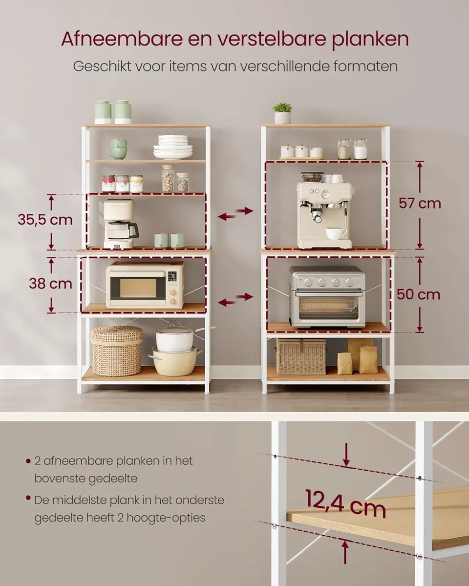 Keukenrek met 4 planken – Industriële Stijl – Met 6 S-haken – Verstelbare Poten - Keukenkast - Afbeelding 8