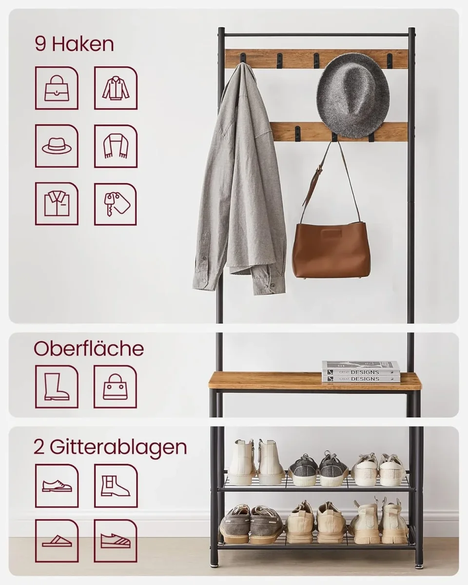 Kapstok met Bank – 3-in-1 Garderoberek – Jassen, Schoenen & Zitbank – 70 x 32 x 175 cm - Afbeelding 8