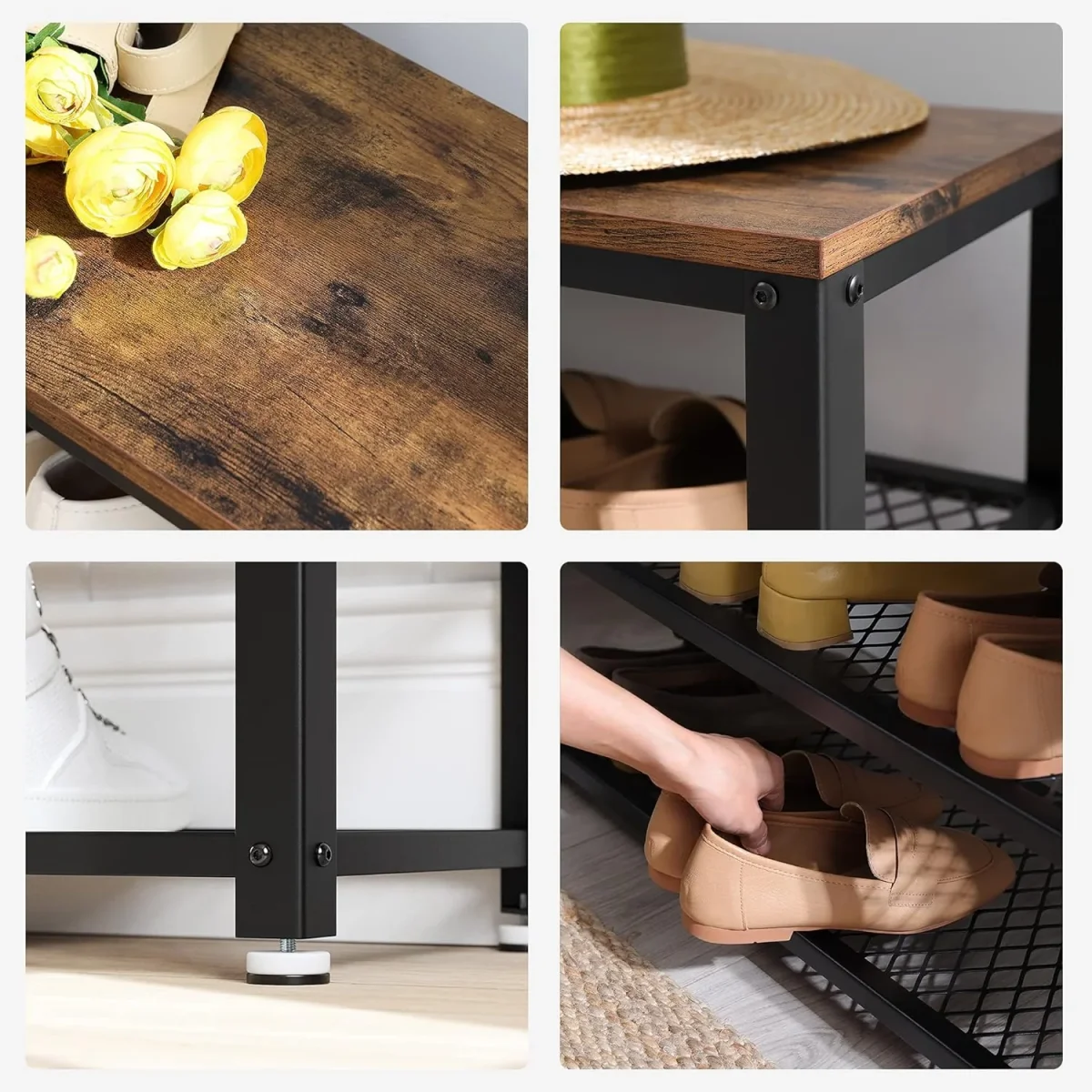 Wandkapstok en Schoenenbank Set – Industrieel Design – Ruimtebesparende Haloplossing - Afbeelding 9