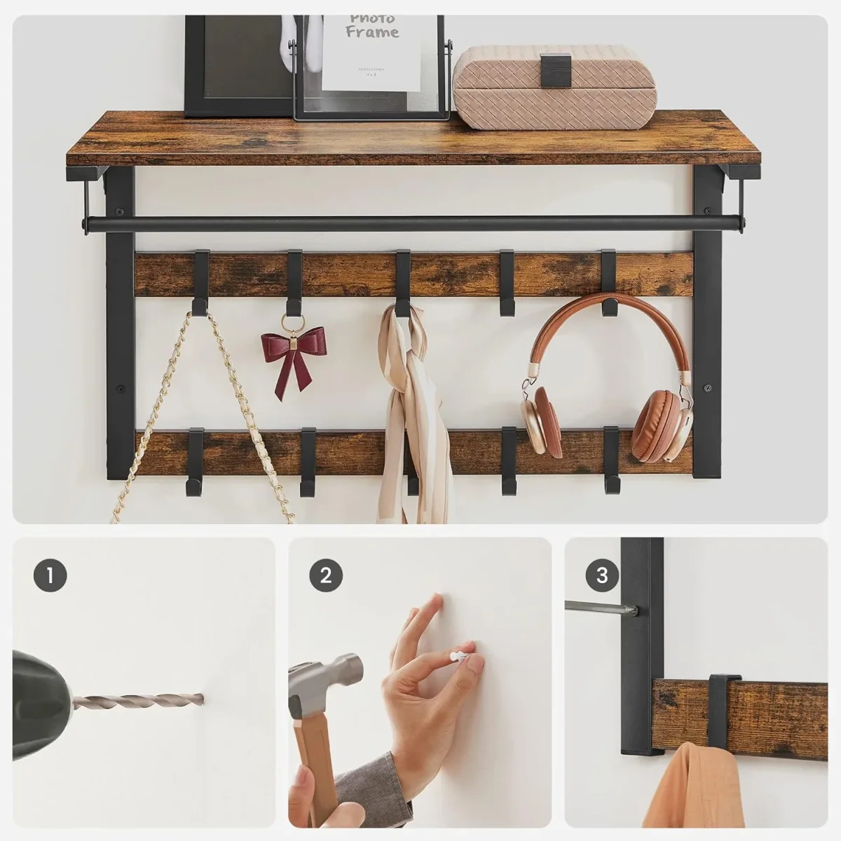 Wandkapstok en Schoenenbank Set – Industrieel Design – Ruimtebesparende Haloplossing - Afbeelding 6