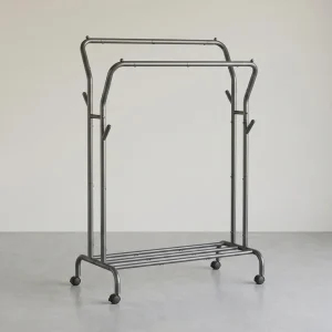 Kledingrek op Wielen – Dubbele Stang met Haken en Opbergrek – Mobiele Kledingstandaard tot 100 kg – Verstelbaar en Stabiel