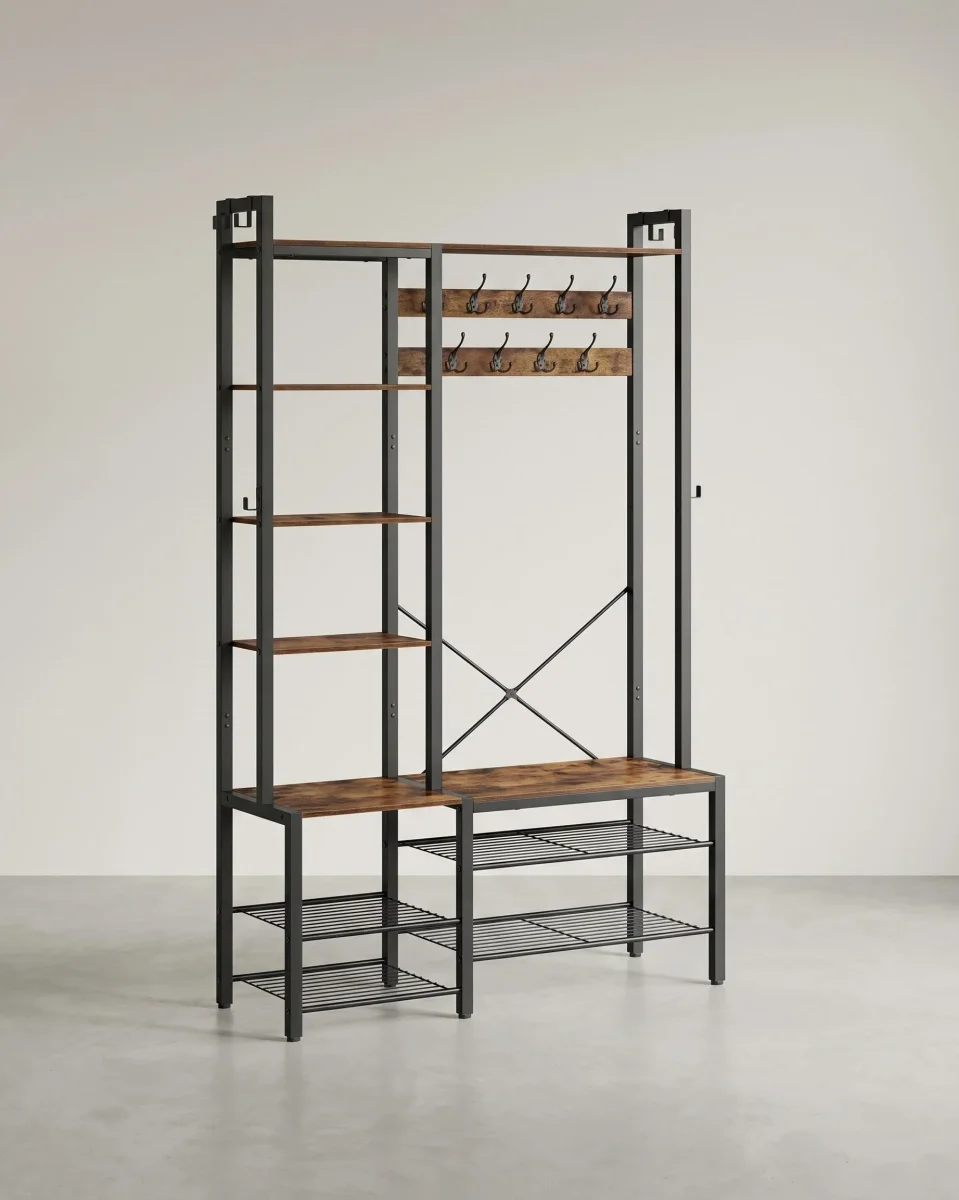 Kapstok met Bank en Schoenenrek – 4-in-1 Ontwerp – 9 Haken, 5 Planken en Opbergruimte - Afbeelding 2