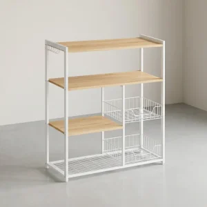 Keukenrek – Staande plank – 2 metalen manden – Haken en planken – 35 x 80 x 95 cm – Spaanplaat en staal