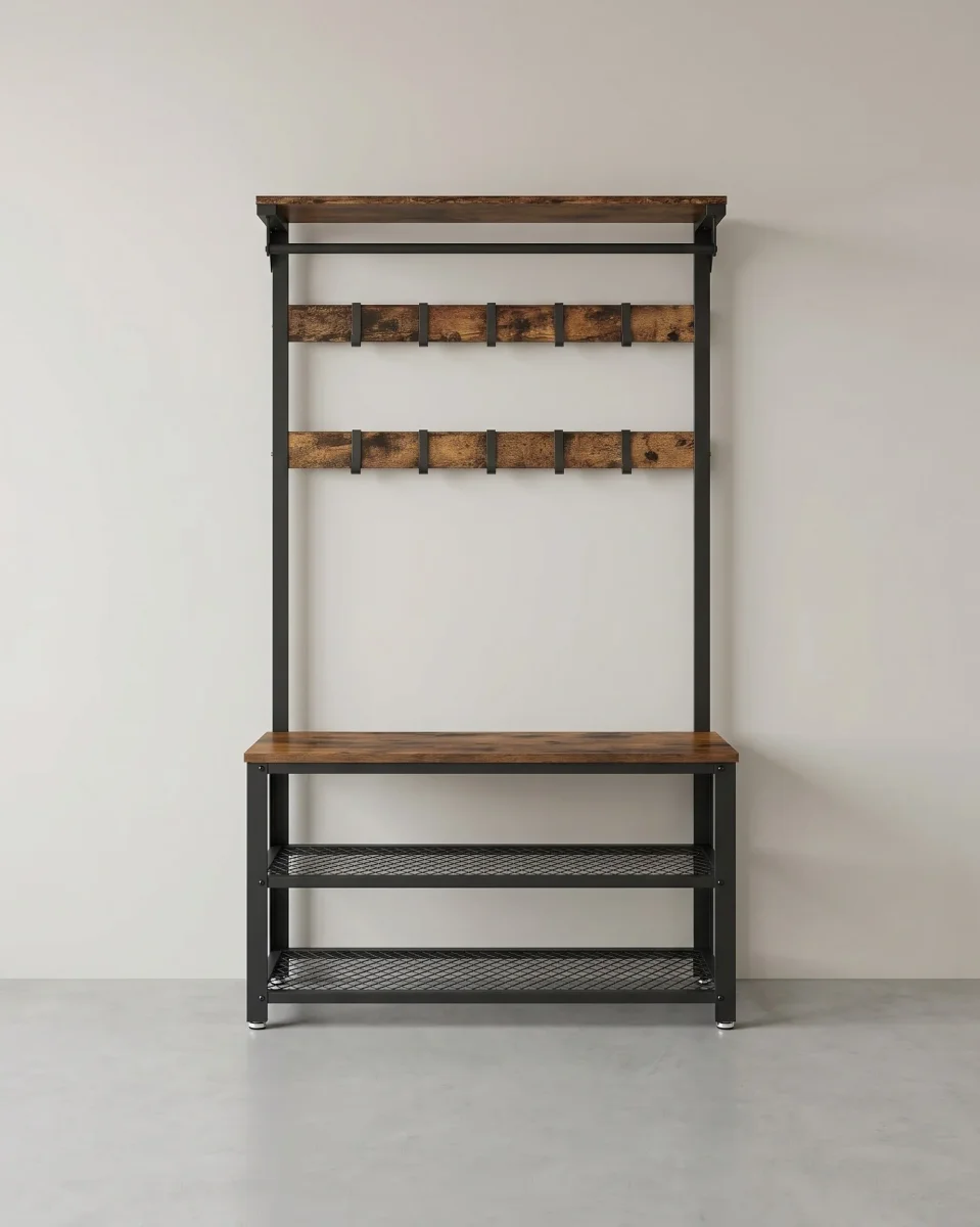 Wandkapstok en Schoenenbank Set – Industrieel Design – Ruimtebesparende Haloplossing