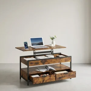 Salontafel Lift-Top – In Hoogte Verstelbaar Blad – Industrieel 100 cm – Met Lades & Opbergruimte