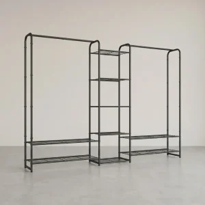 Kledingrek Zwart Metaal – Open Garderoberek – Met Legplanken en Verstelbare Voeten – 73 cm Breed – Tot 48 kg Draagvermogen