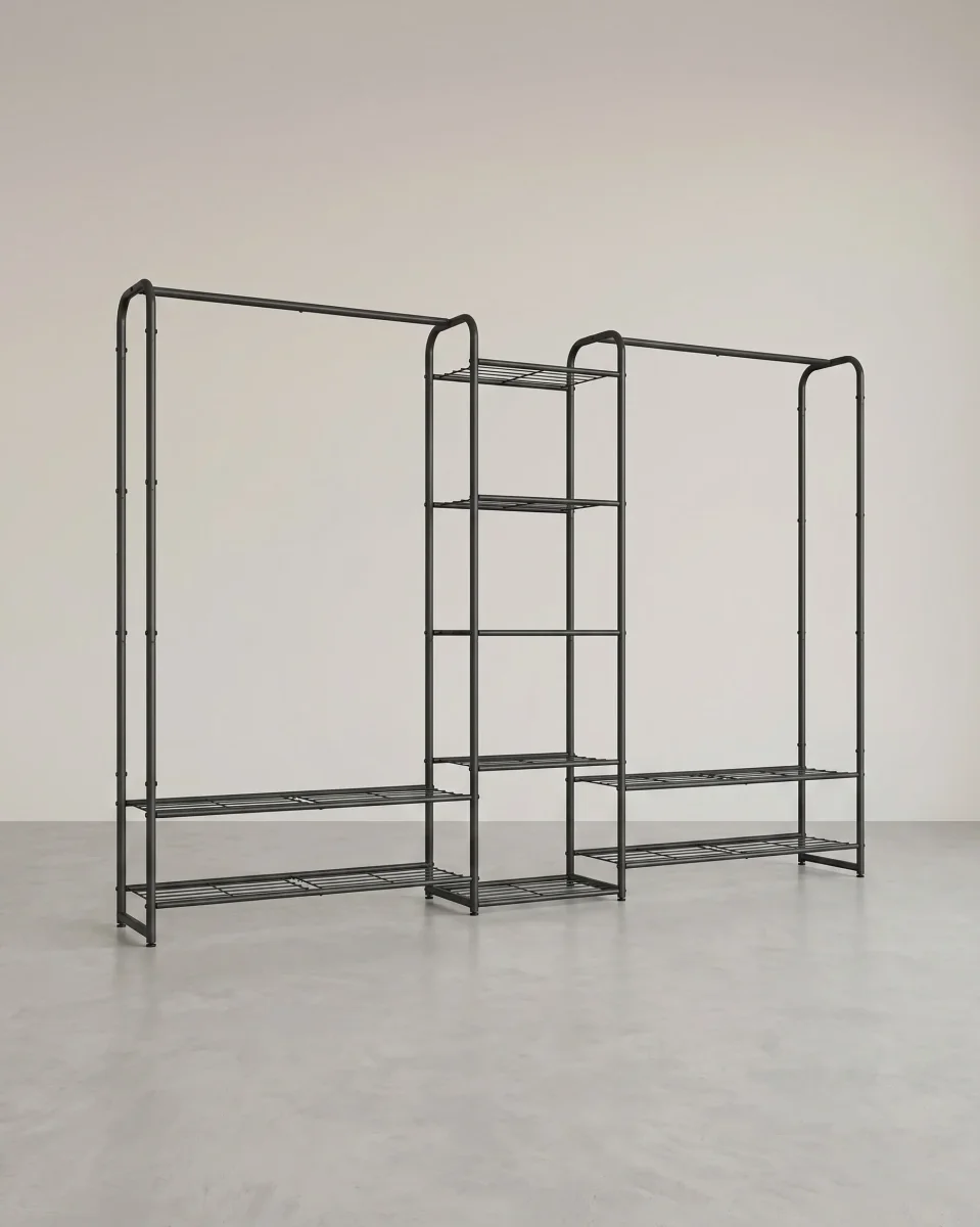 Kledingrek Zwart Metaal – Open Garderoberek – Met Legplanken en Verstelbare Voeten – 73 cm Breed – Tot 48 kg Draagvermogen