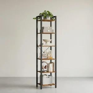 Boekenkast Industrieel – 6 Niveaus – Smal 40 cm – Zwart Metalen Frame met Houtlook – voor Woonkamer & Kantoor