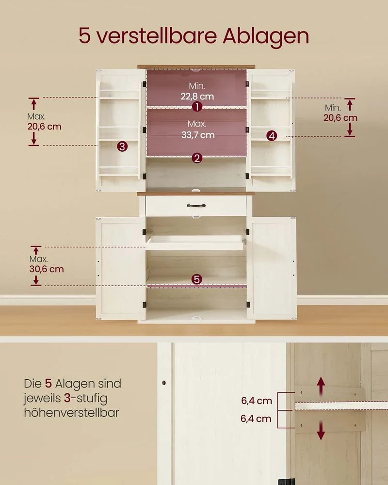 Voorraadkast met Lade en Uittrekbaar Vak – 80 cm Breed – Verstelbare Planken – Vintage Wit - Afbeelding 6