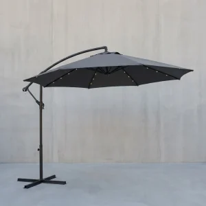 Zweefparasol 300 cm Met LED Solarverlichting – 360° Draaibaar – Traploos Kantelbaar – UPF 50+ – Met Zwengel En Kruisvoet