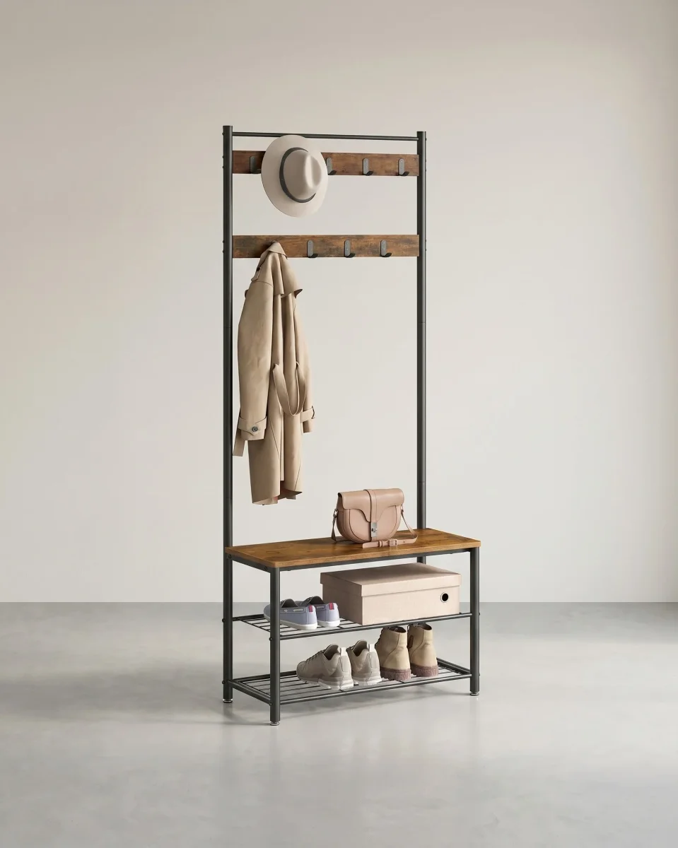 Kapstok met Bank – 3-in-1 Garderoberek – Jassen, Schoenen & Zitbank – 70 x 32 x 175 cm - Afbeelding 4