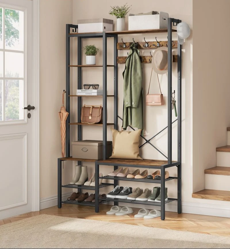 Kapstok met Bank en Schoenenrek – 4-in-1 Ontwerp – 9 Haken, 5 Planken en Opbergruimte - Afbeelding 4