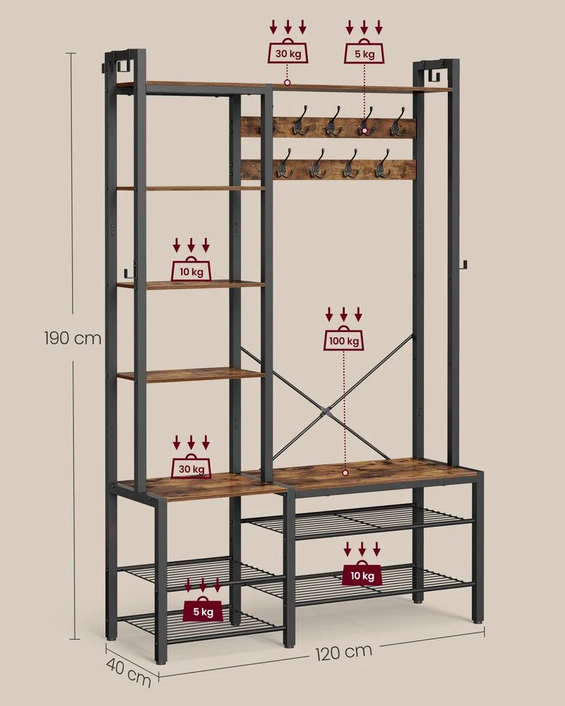 Kapstok met Bank en Schoenenrek – 4-in-1 Ontwerp – 9 Haken, 5 Planken en Opbergruimte - Afbeelding 8