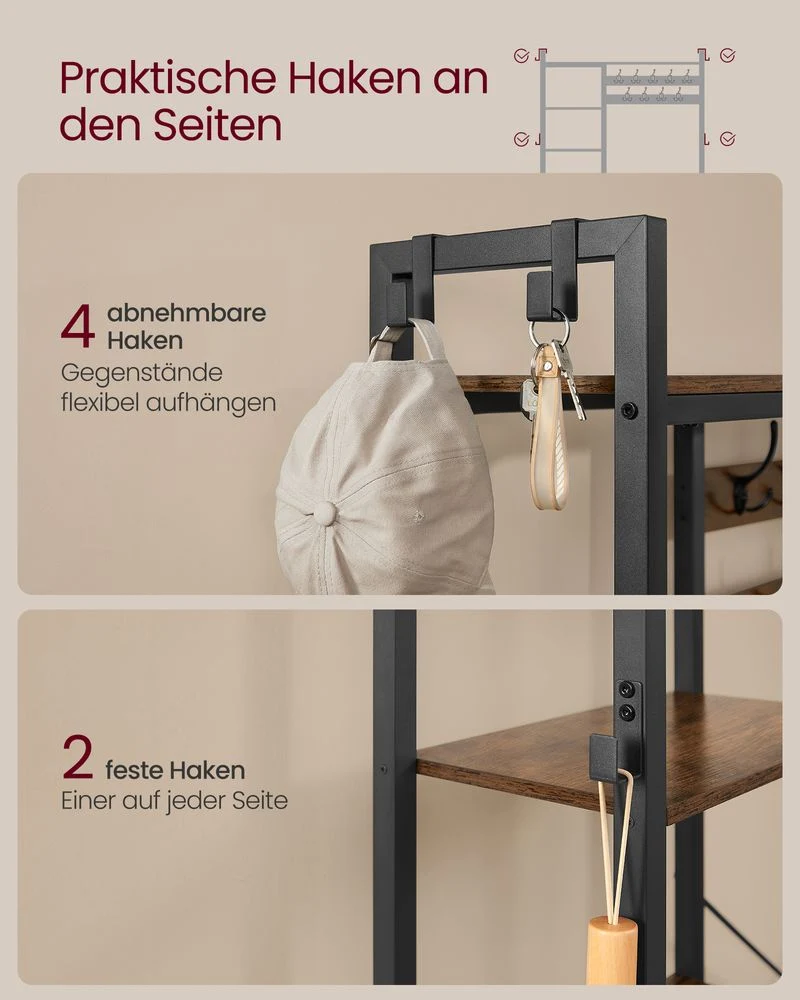 Kapstok met Bank en Schoenenrek – 4-in-1 Ontwerp – 9 Haken, 5 Planken en Opbergruimte - Afbeelding 9