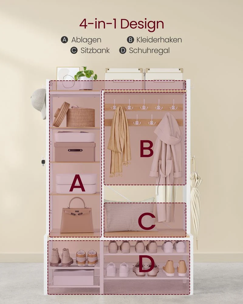 Kapstok met Bank en Schoenenrek – 4-in-1 Ontwerp – 9 Haken, 5 Planken en Opbergruimte - Afbeelding 6