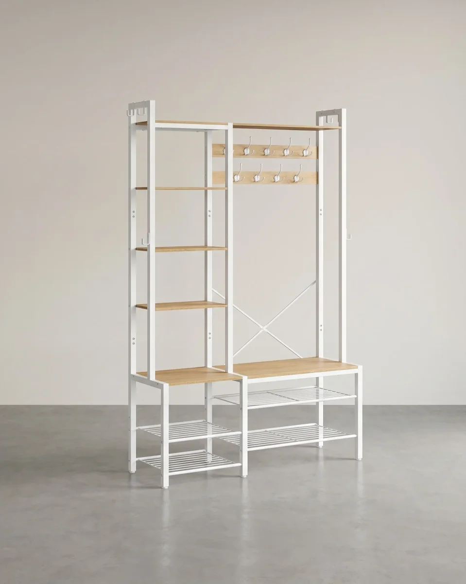 Kapstok met Bank en Schoenenrek – 4-in-1 Ontwerp – 9 Haken, 5 Planken en Opbergruimte - Afbeelding 3