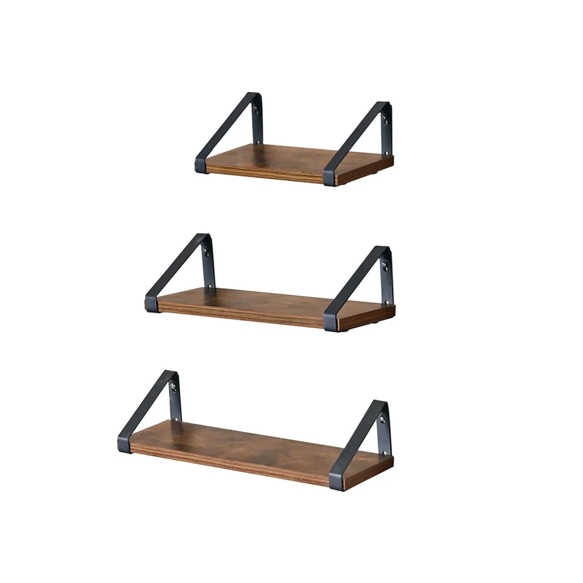 Wandplanken Set van 3 – Industrieel Zwevend Wandrek – Houtlook met Metalen Beugels – Voor Woonkamer, Badkamer of Keuken – Rustiek Bruin - Afbeelding 3