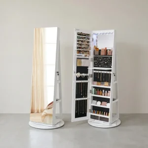 Sieradenkast Met Spiegel – Frameloze Full-Body Spiegel – 360° Draaibaar – Afsluitbaar – Met Ledverlichting En Opklapbare Make-Uptafel