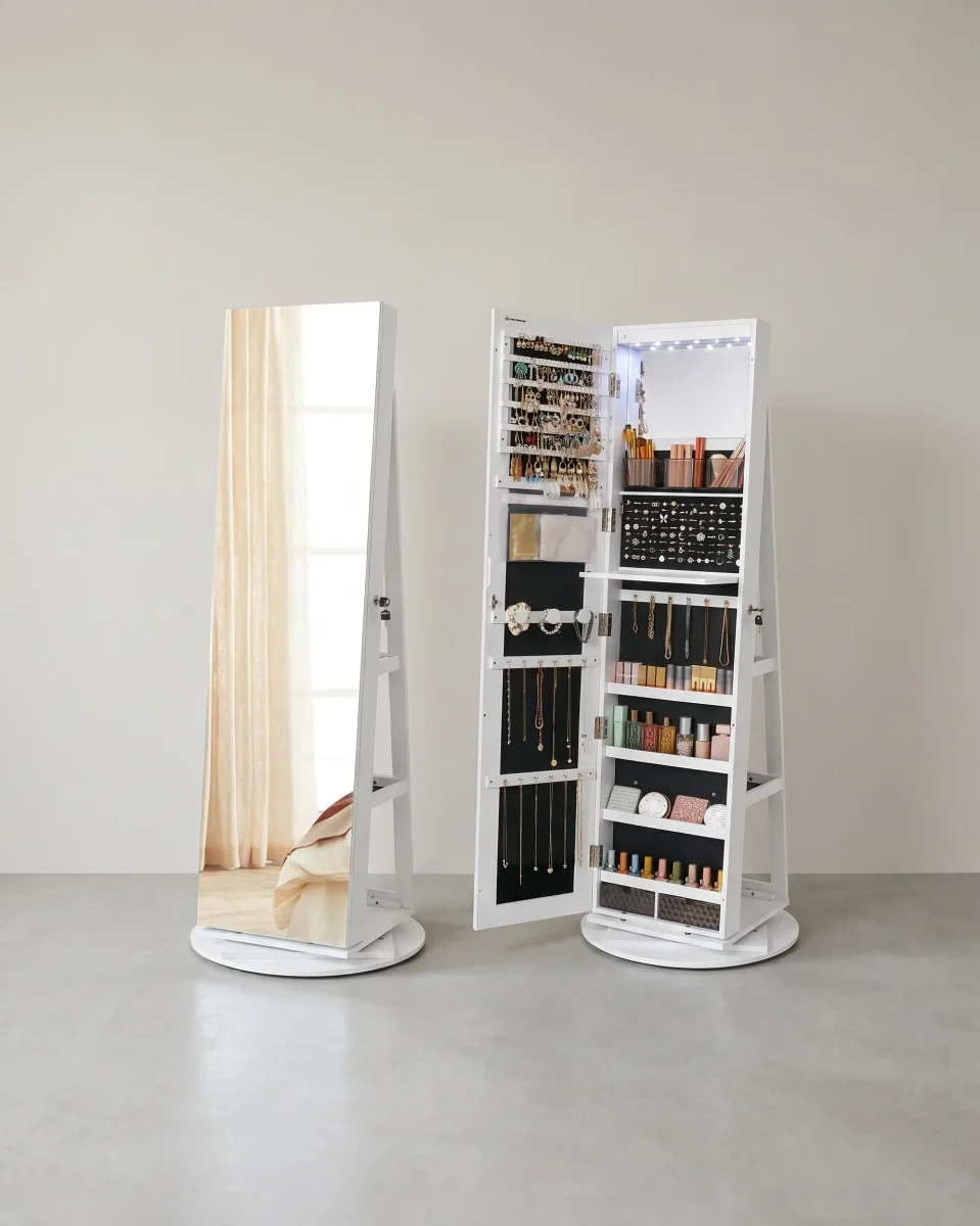 Sieradenkast Met Spiegel – Frameloze Full-Body Spiegel – 360° Draaibaar – Afsluitbaar – Met Ledverlichting En Opklapbare Make-Uptafel