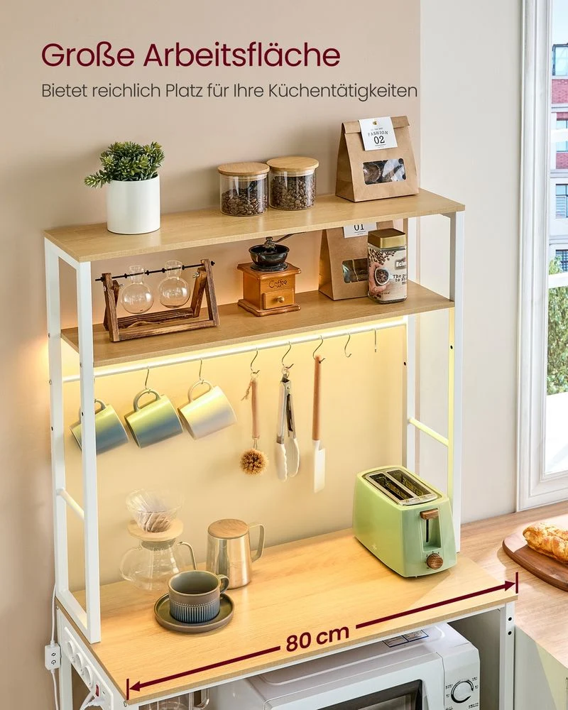 Keukenrek Met LED-Verlichting – Industrieel Ontwerp – Met Stopcontacten En USB-C – Verstelbare Planken – 80 cm Breed - Afbeelding 7