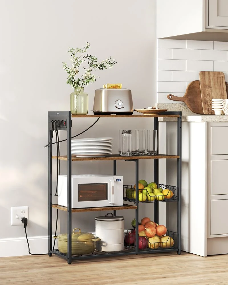 Keukenrek met Stopcontact – 80 cm Breed – Met Gaasmanden, 6 Haken en Meerdere Planken – Magnetronrek met Industriële Look - Afbeelding 4