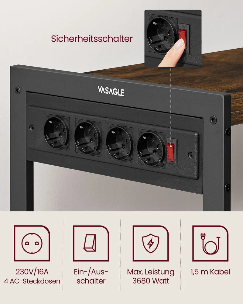 Keukenrek met Stopcontact – 80 cm Breed – Met Gaasmanden, 6 Haken en Meerdere Planken – Magnetronrek met Industriële Look - Afbeelding 6