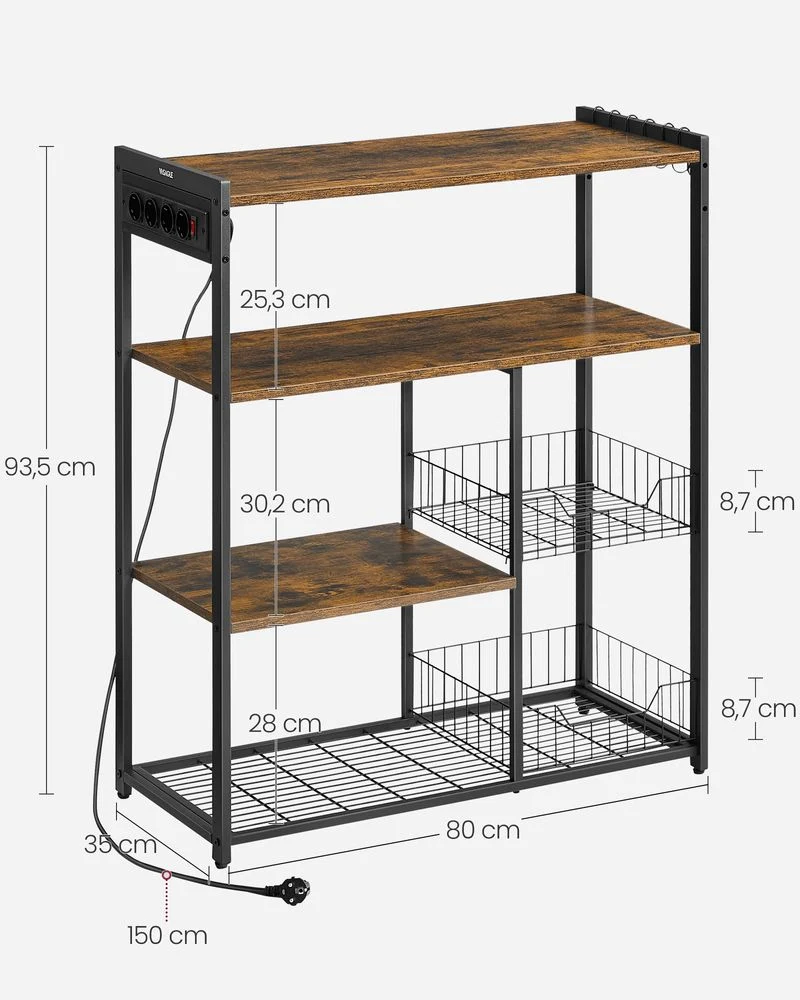 Keukenrek met Stopcontact – 80 cm Breed – Met Gaasmanden, 6 Haken en Meerdere Planken – Magnetronrek met Industriële Look - Afbeelding 9
