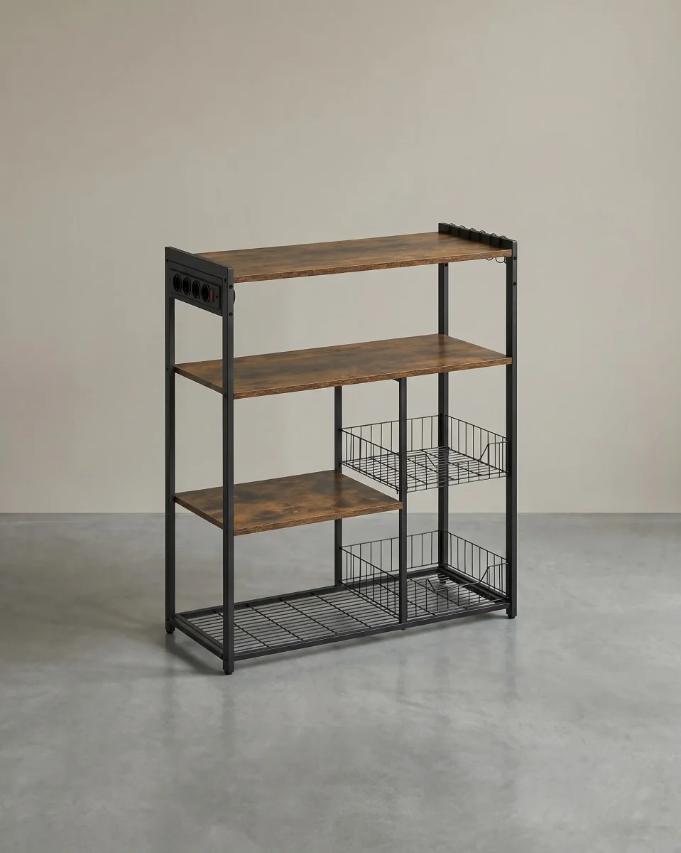 Keukenrek met Stopcontact – 80 cm Breed – Met Gaasmanden, 6 Haken en Meerdere Planken – Magnetronrek met Industriële Look - Afbeelding 2
