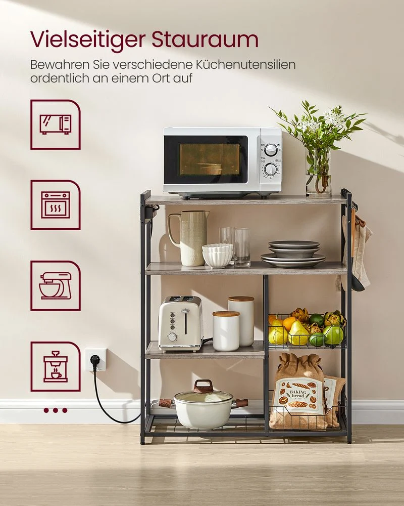 Keukenrek met Stopcontact – 80 cm Breed – Met Gaasmanden, 6 Haken en Meerdere Planken – Magnetronrek met Industriële Look - Afbeelding 5