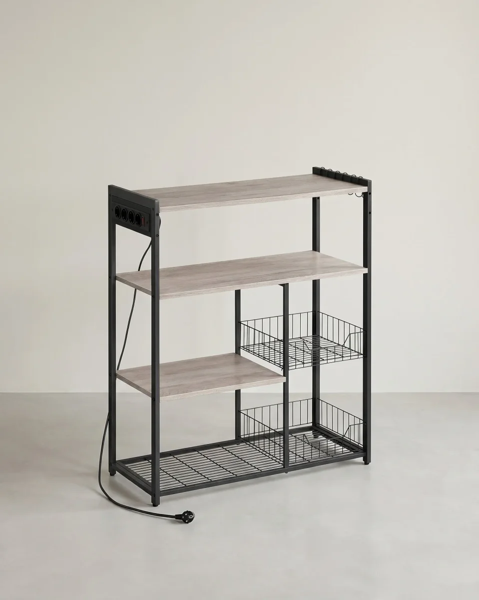 Keukenrek met Stopcontact – 80 cm Breed – Met Gaasmanden, 6 Haken en Meerdere Planken – Magnetronrek met Industriële Look - Afbeelding 3