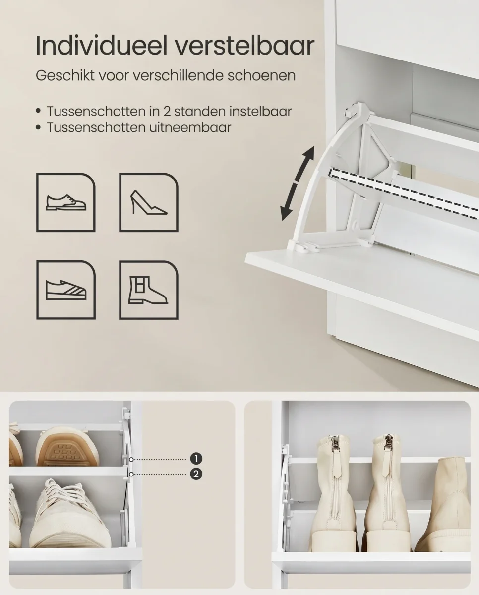 Schoenenkast – Voor 14–18 Paar Schoenen – Smal En Hoog Model – Verstelbare Indeling – 60 cm Breed - Afbeelding 6