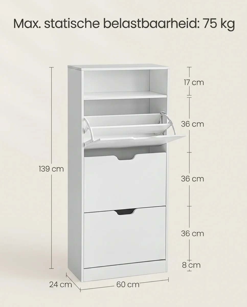 Schoenenkast – Voor 14–18 Paar Schoenen – Smal En Hoog Model – Verstelbare Indeling – 60 cm Breed - Afbeelding 9