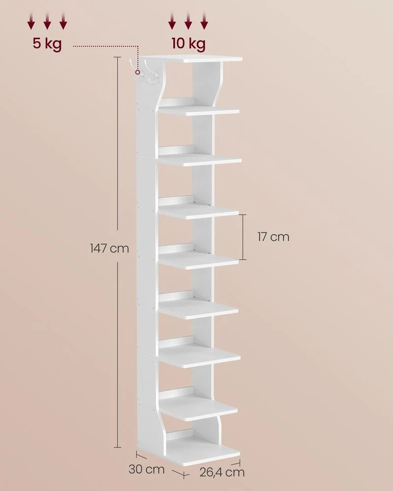 Smal Schoenenrek – 9 Lagen – Met Haken – Compact Ontwerp – 147 cm Hoog – Voor Hal Of Slaapkamer - Afbeelding 7