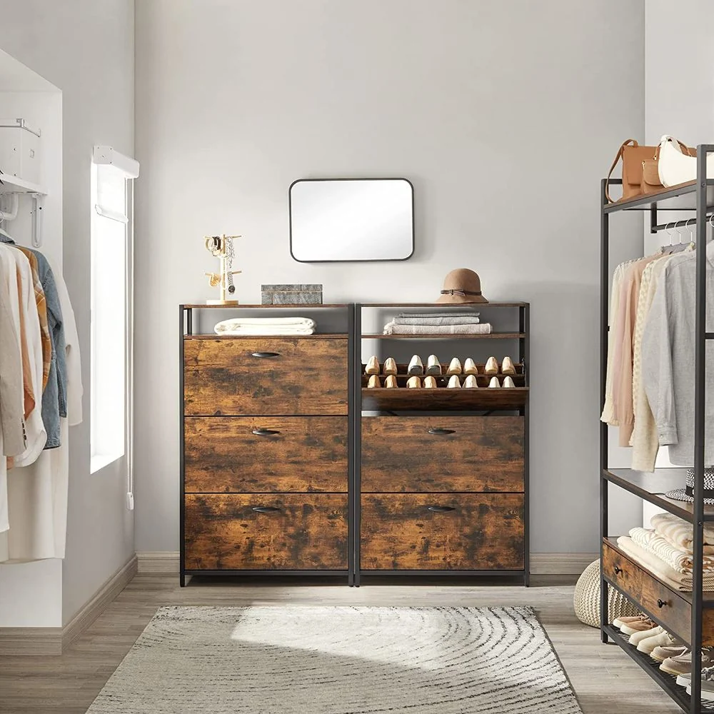Schoenenkast met 3 Kleppen – Schoenenrek – Industriële Schoenenopberger met Staal en Houtlook - Afbeelding 3