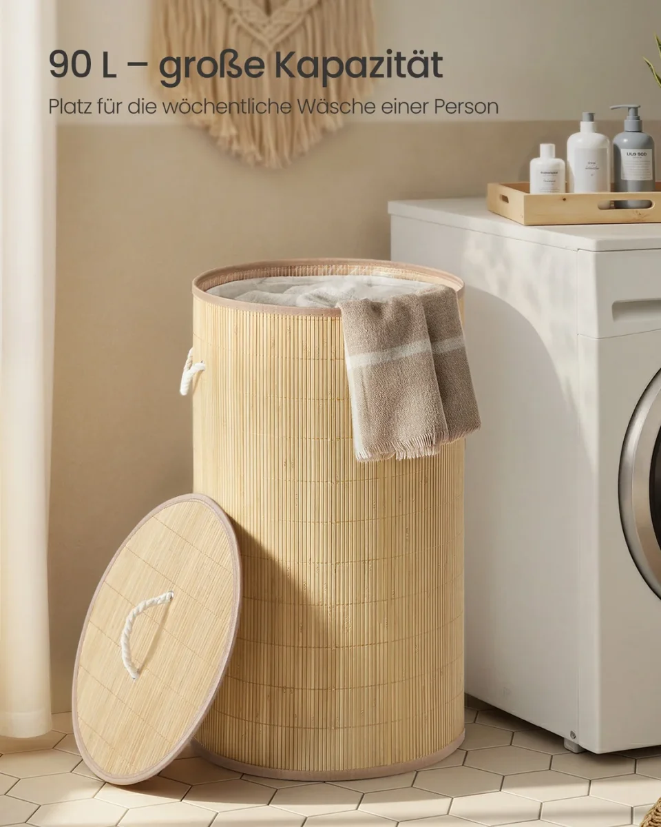 Wasmand – Bamboe – Rechthoekig – Opvouwbaar – 60 Liter – Uitneembare Waszak - Afbeelding 4