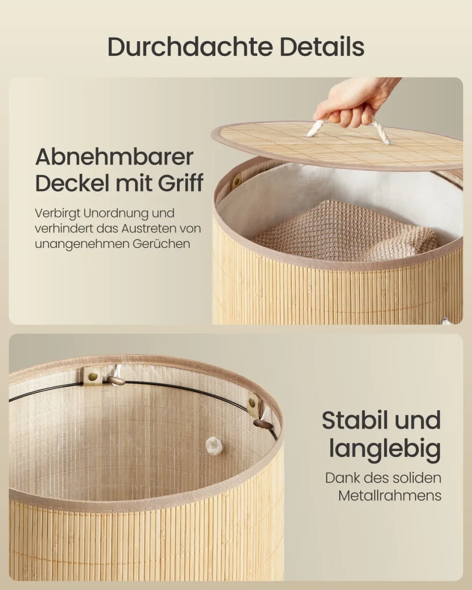Wasmand – Bamboe – Rechthoekig – Opvouwbaar – 60 Liter – Uitneembare Waszak - Afbeelding 6