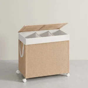 Wasmand met 3 Compartimenten – 140 L – Met Wielen, Deksel en Uitneembare Waszak – Rotan Look – Natuurlijk Beige