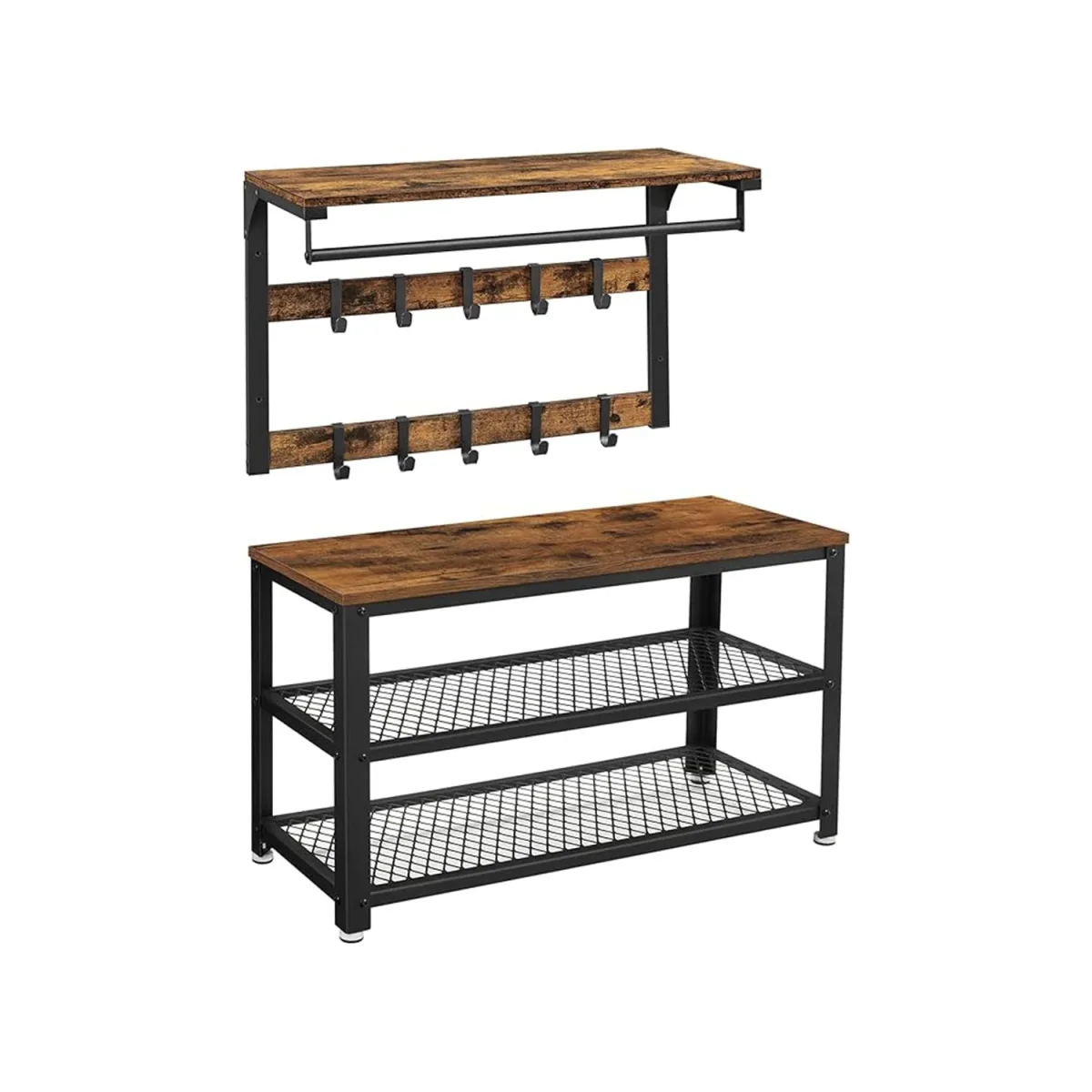 Wandkapstok en Schoenenbank Set – Industrieel Design – Ruimtebesparende Haloplossing - Afbeelding 3
