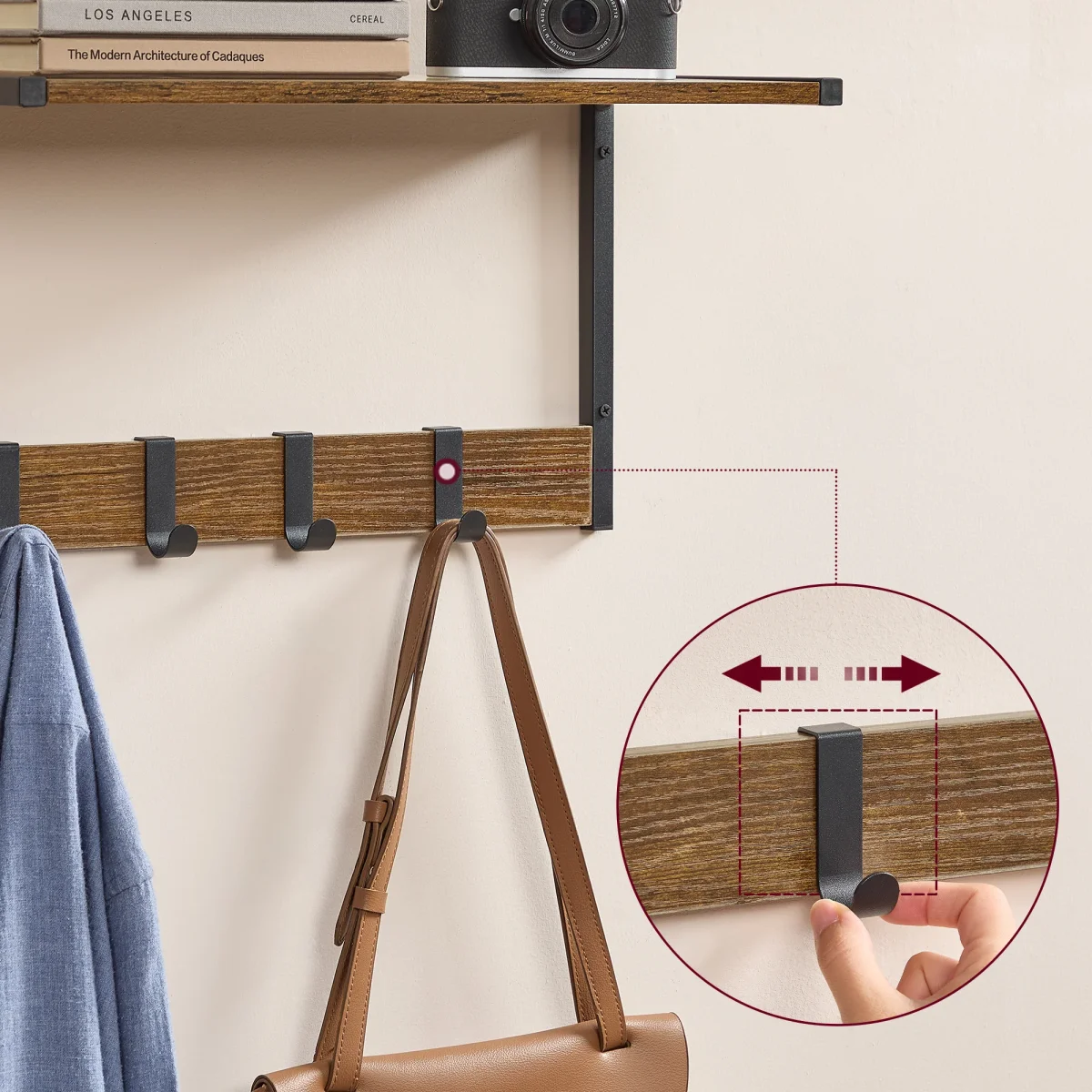 Set van 2 Wandplanken – Zwevende Planken – 24 cm diep – Met Haakjes – Voor Woonkamer, Keuken, Badkamer of Slaapkamer – Totale Draagvermogen 35 kg - Afbeelding 6