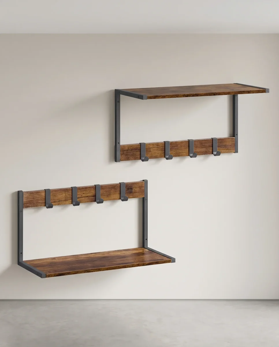 Set van 2 Wandplanken – Zwevende Planken – 24 cm diep – Met Haakjes – Voor Woonkamer, Keuken, Badkamer of Slaapkamer – Totale Draagvermogen 35 kg