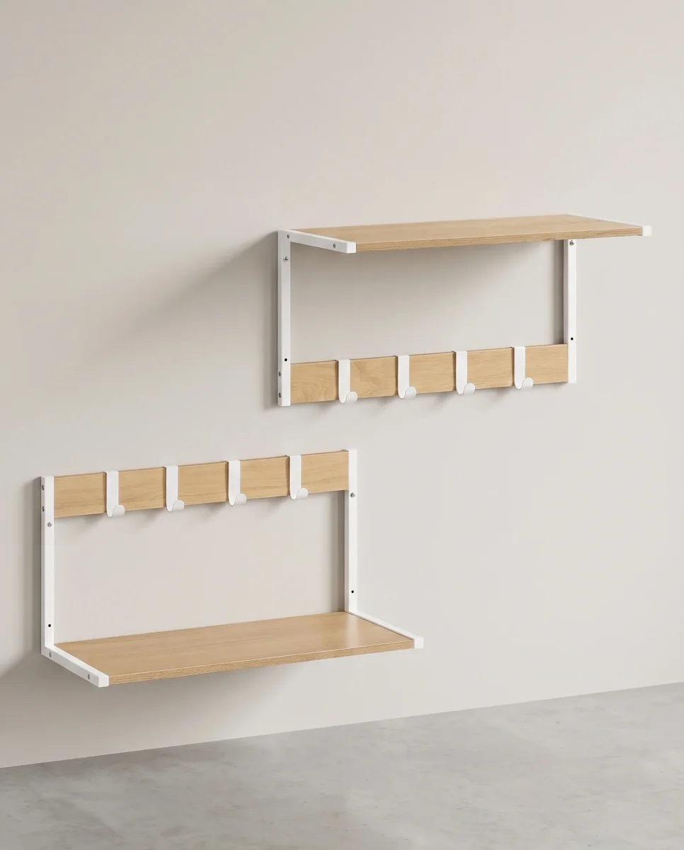 Set van 2 Wandplanken – Zwevende Planken – 24 cm diep – Met Haakjes – Voor Woonkamer, Keuken, Badkamer of Slaapkamer – Totale Draagvermogen 35 kg - Afbeelding 3