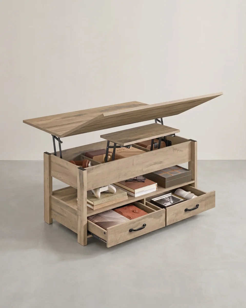 Salontafel Met Opklapbaar Blad en Verborgen Opbergruimte – Multifunctioneel, Verstelbaar en Modern Ontwerp – 100 cm Breed - Afbeelding 3