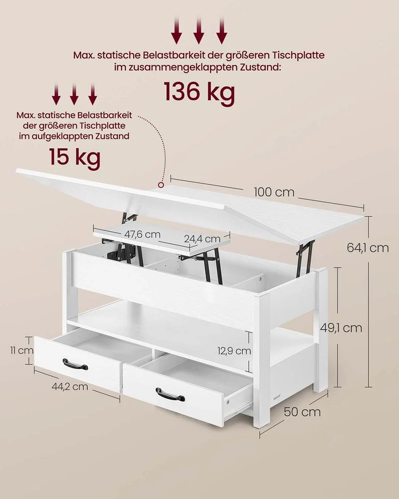 Salontafel Met Opklapbaar Blad en Verborgen Opbergruimte – Multifunctioneel, Verstelbaar en Modern Ontwerp – 100 cm Breed - Afbeelding 9