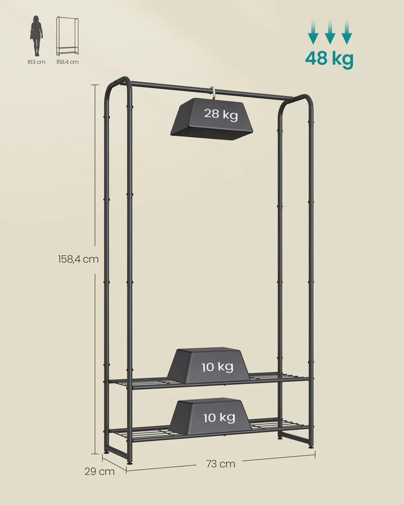 Kledingrek Zwart Metaal – Open Garderoberek – Met Legplanken en Verstelbare Voeten – 73 cm Breed – Tot 48 kg Draagvermogen - Afbeelding 8