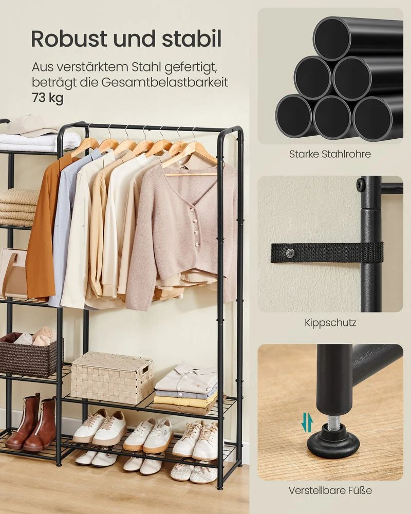 Kledingrek Zwart Metaal – Open Garderoberek – Met Legplanken en Verstelbare Voeten – 73 cm Breed – Tot 48 kg Draagvermogen - Afbeelding 7