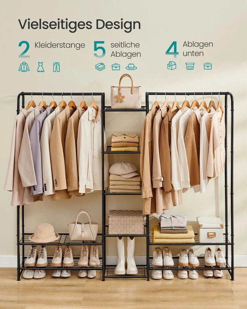 Kledingrek Zwart Metaal – Open Garderoberek – Met Legplanken en Verstelbare Voeten – 73 cm Breed – Tot 48 kg Draagvermogen - Afbeelding 6