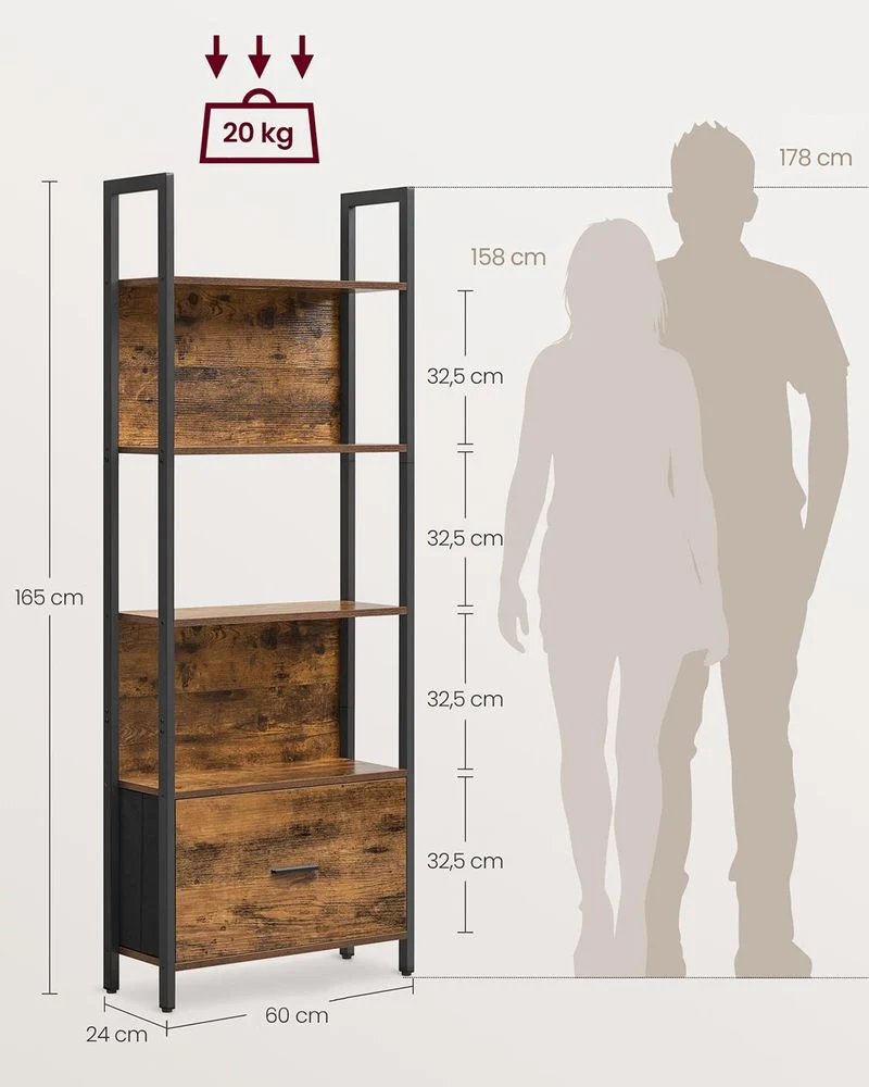 Boekenkast met Lade – Ladderplank Industrieel – Opbergkast met 5 Niveaus – 165 cm Hoog - Afbeelding 6