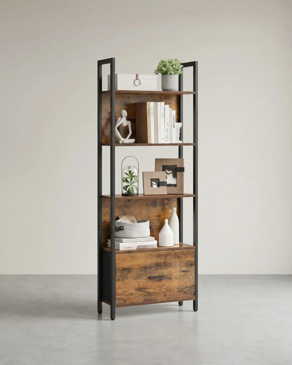 Boekenkast met Lade – Ladderplank Industrieel – Opbergkast met 5 Niveaus – 165 cm Hoog - Afbeelding 2